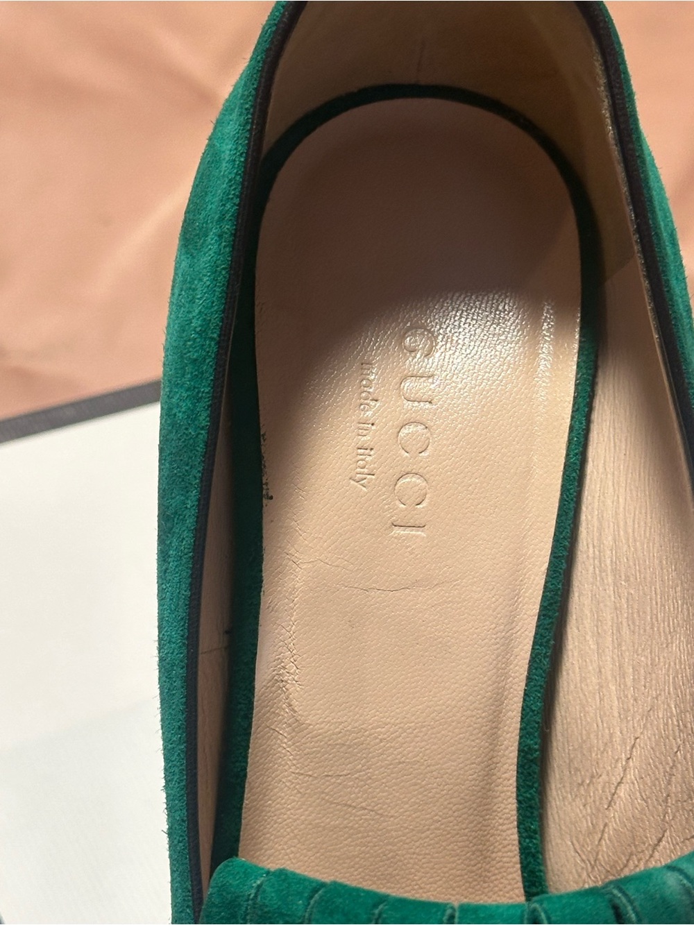 Gucci Green Suede Fringed Block Heel Pumps with Gold Double G - Picture 10 of 11